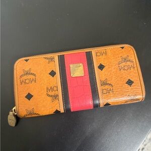 MCM Cognac Logo Zip Wallet with Red and Dark Brown Stripe